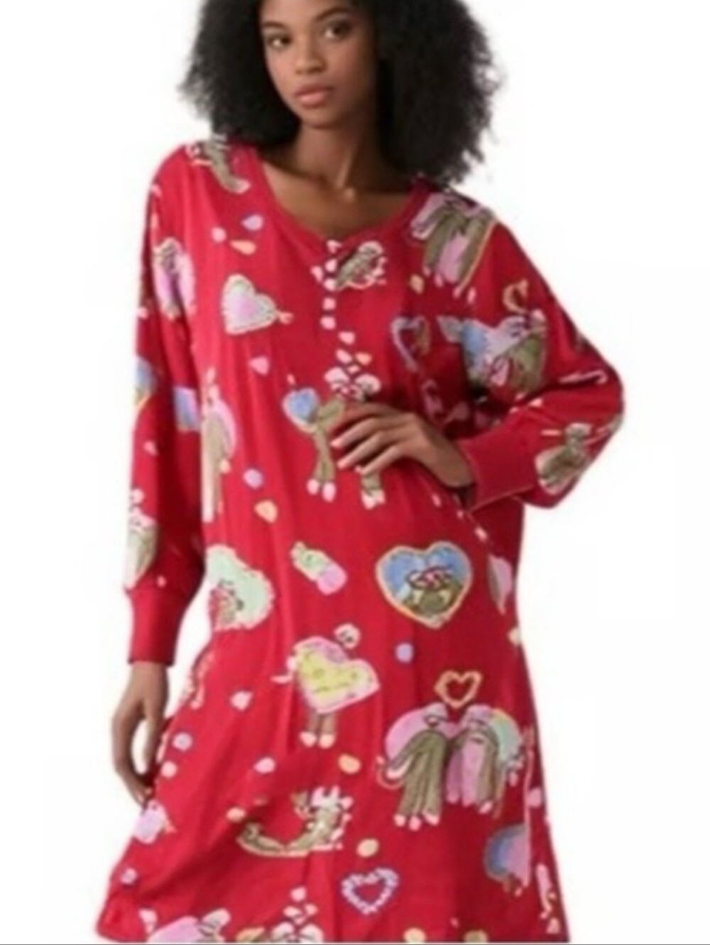 Nick & Nora Red Sock Monkey Heart Valentine Soft Comfy Nightgown Shirt Henley XL